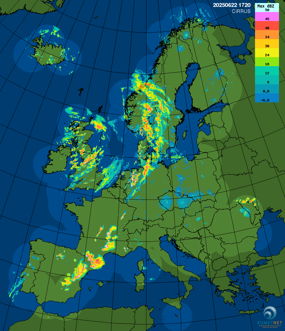 Mapa radarowa opadów w Europie
